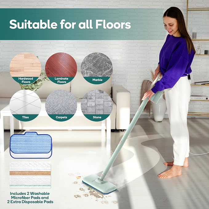 Newbealer Steam Mop & Detachable Handheld Cleaner, 1200W Floor Steamer | 3 Adjustable Levels for Carpet Laminate Hardwood Grout, Carpet Glider, 11 Multi-purpose Accessories & 2 Pads, 250ml Tank