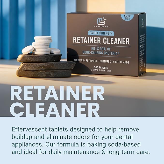 Retainer and Denture Cleansers 240 Tablets Removes Bad Odors Discoloration Stains Plaque for Cleaning Invisalign Mouth Guard Night Guard and Removable Dental Appliances by M3 Naturals (Pack of 2)
