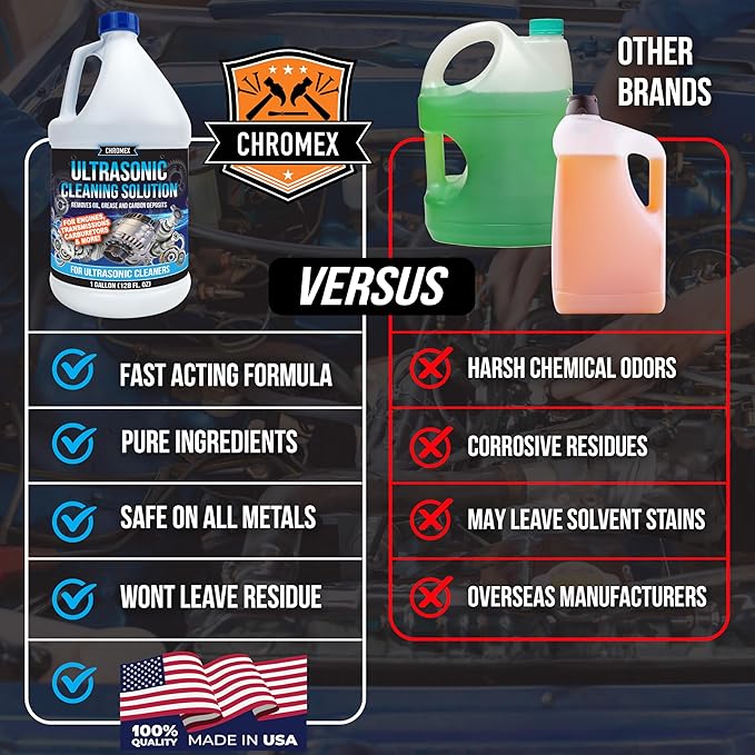 Chromex Ultrasonic Carburetor & Engine Parts Cleaning Solution - Concentrated Degreaser for Aluminum, Brass & Steel - 1 Gallon