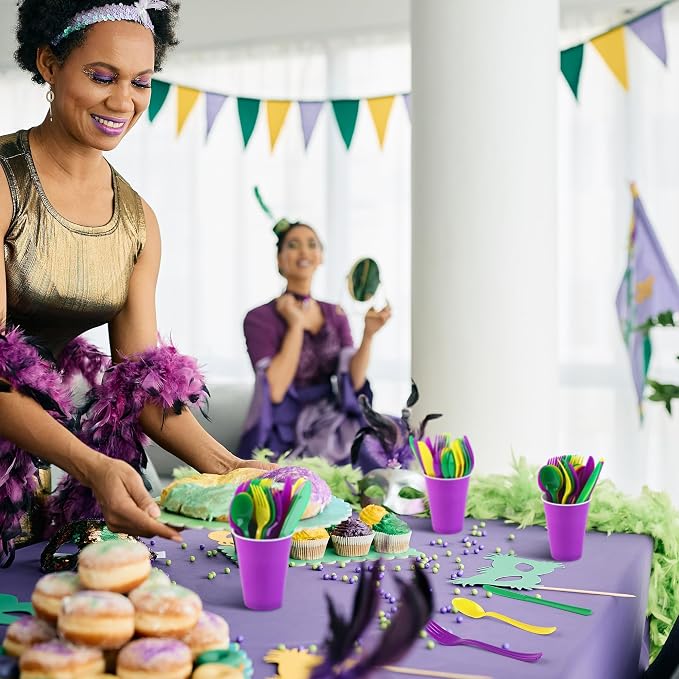 Kochorie 300 Pieces Mardi Gras Plastic Silverware, Disposable Plastic Masquerade Utensils Heavy Duty Cutlery Set Include Spoons Forks Knives for Carnival Birthday Mardi Gras Party, Purple Yellow Green