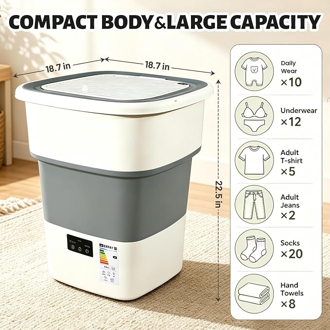 Portable Washing Machine, 50L Large Capacity Foldable Mini Washer with Spin Basket, Adjustable Wash 2–10 Min & Spin 1–6 Min Timer, for Apartment, RV, Camping, Dorm, Travel (Grey)