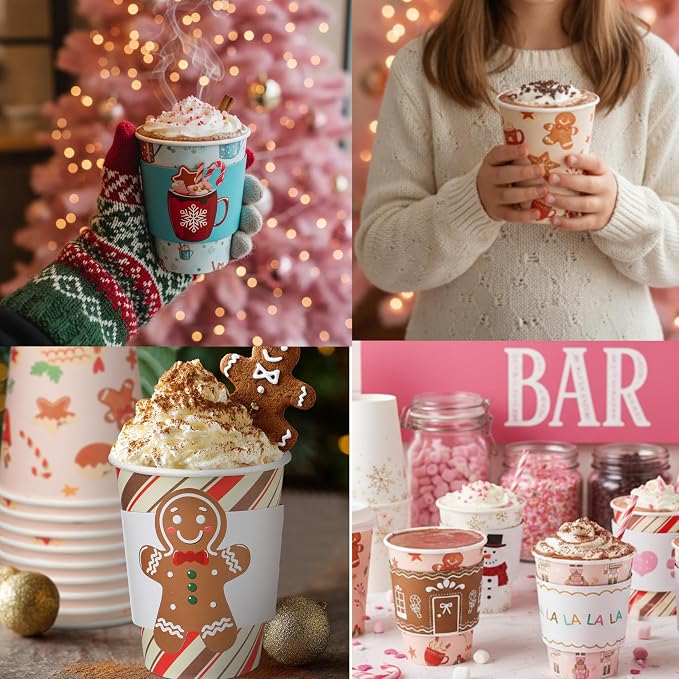 Gueevin 72 Set/ 216 Pcs Christmas Paper Cups Disposable 12 oz Christmas Coffee Cups with Lids and Sleeves Xmas Winter Party Supplies for Hot Chocolate Cocoa Cold Drinks Water Supplies(Novelty)