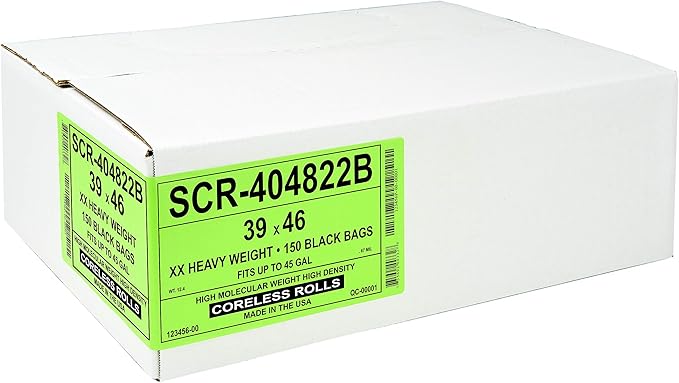 Aluf Plastics 45 Gallon 22 Micron (eq) Black Trash Bags - 39" x 46" - Pack of 150 - For Home, Office, & Bathroom