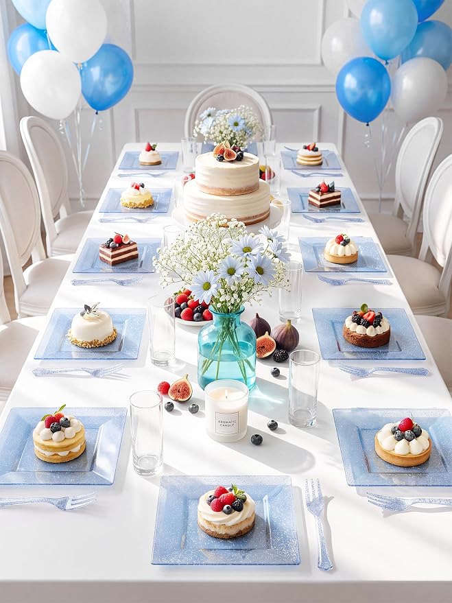 DaYammi 100Pcs Blue Glitter Dessert Plates Including 50Pcs Appetizer Plates 6" and 50Pcs Plastic Forks 5.7",Blue Plastic Square Plate for Party,plastic Salad Plate and Cake Forks for Wedding Birthday
