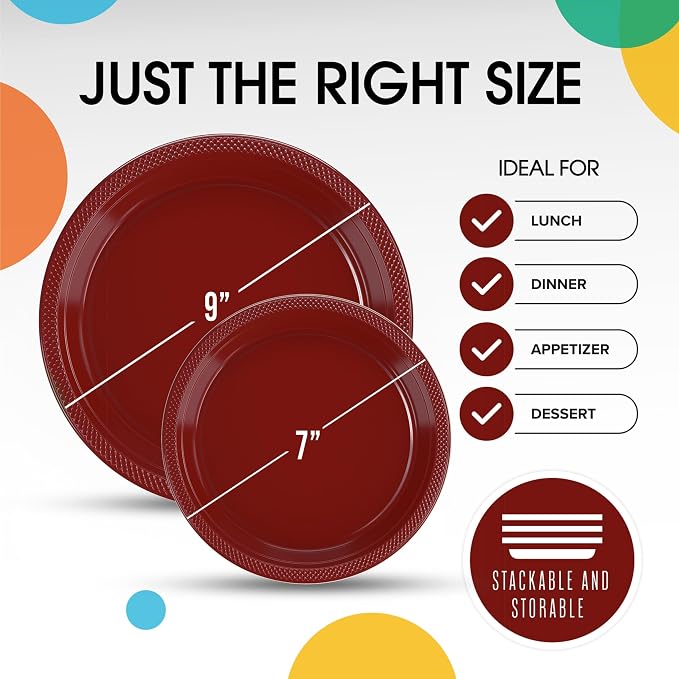 Exquisite Party Solids Burgundy Plates Disposable Burgundy Plastic Plates 100 Pieces - 50-7" & 50-9" Heavy Duty 350 GSM Disposable Dinnerware Sets, Plastic Dinnerware Sets