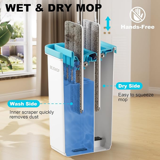 Mop and Bucket Set, Mops for Floor Cleaning Turquoise-Cyan, 60" Long Handle Wall Mop, Squeeze Flat Mop and Bucket System, Dry & Wet Dust Mop for Household Cleaning with 2 Microfiber Mops