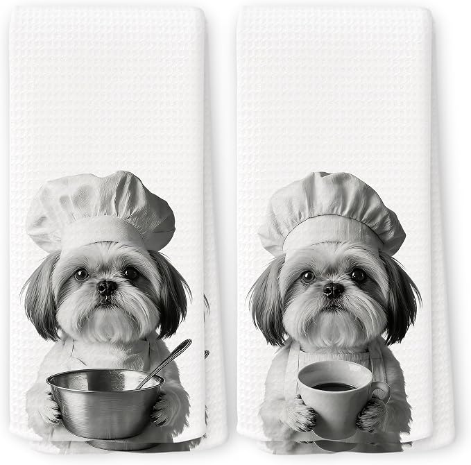 Funny Chef Shih Tzu Kitchen Towels Set of 2, Shih Tzu Dog Gifts for Women Dish Tea Towels for Kitchen, Dog Mom Lovers Owner Gifts Decorative Hand Towel, 16x24 Inch
