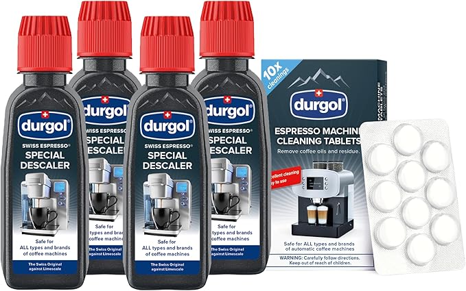 Durgol Swiss Espresso, Descaler and Decalcifier for All Brands of Espresso Machines and Coffee Makers, 4.2 Fluid Ounces (Pack of 4) Espresso Machine and Coffee Maker Cleaning Tablets, 10 ct