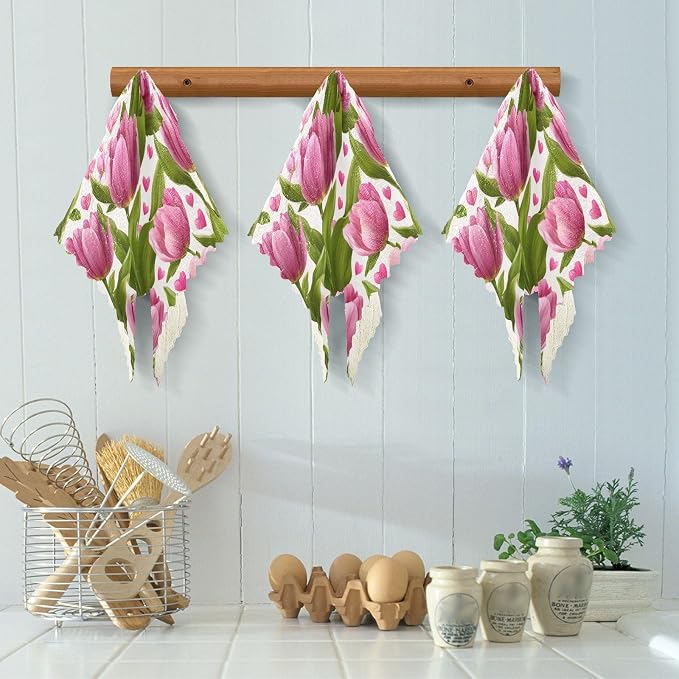 Pink Fresh Tulips and Hearts Kitchen Towels Dish Cloths Set of 6 Microfiber Cleaning Cloths for Cars Super Absorbent Machine