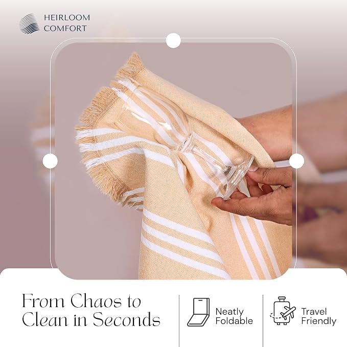 Monochrome Stripe Kitchen Towels 12 Pack, 16x26 Inch, 100% Cotton, Super Absorbent & Quick Dry, Durable, Fringed Dish Towel for Drying Dishes, Machine Washable, Everyday Use, Beige