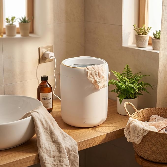 Portable Mini Washing Machine, Compact 3L Ultrasonic Turbine Washer with Auto Shut Off Gravity Drain Cover for Apartment RV ABS White 8.5 x 6.1 in