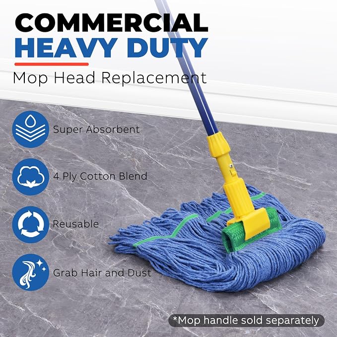 Onesimus 28 oz Heavy Duty Mop Head Replacement, 5 Inch Headband for Quick Change Handle, Blue Loop-End Cotton Blend String Wet Dry Floor Mop Refill Commercial Cleaning Supplies, 3 Pack X-Large