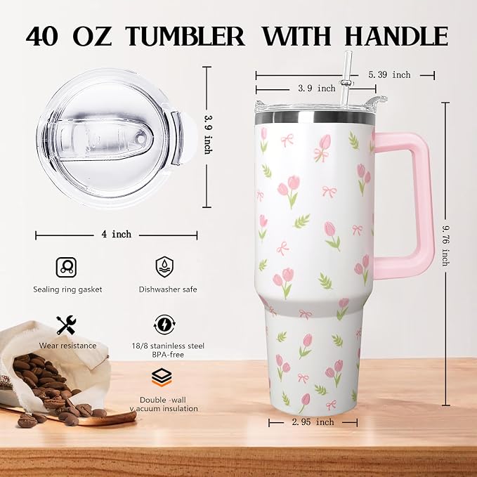 Ceovfoi 40 oz Tulip Bow Tumbler with Handle & Straw, Vacuum Insulated Stainless Steel Flip Top Water Bottle, Floral Tulip Bow Travel Mug, Spring Gifts for Women, Cute Tumbler for Car Cup Holder