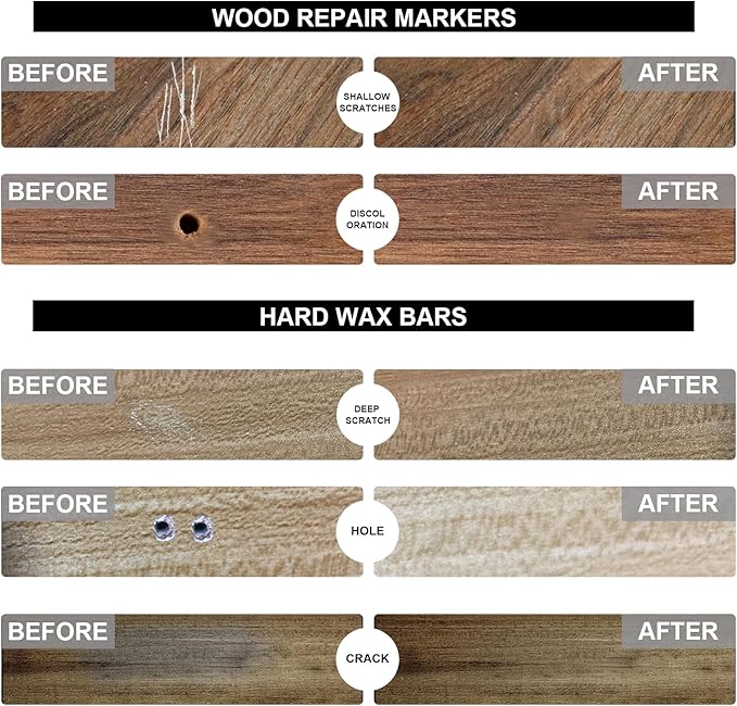 Hardwood Floor Repair Kit -11PCS Laminate Vinyl Floor Wax with 8PCS Wood Furniture Touch Up Marker,Professional Restoration The Scratches, Stains,Holes on Any Wood Floor and Wooden Furniture