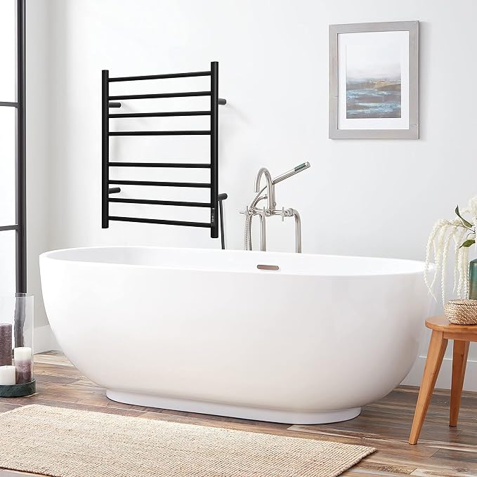KEG Towel Warmer Wall Mounted with Built-in Timer 8 Bars Electric Stainless Steel Heated Towel Racks for Bathroom, Hot Plug-in Bath Towel Heater Matte Black (TW-8-MB)