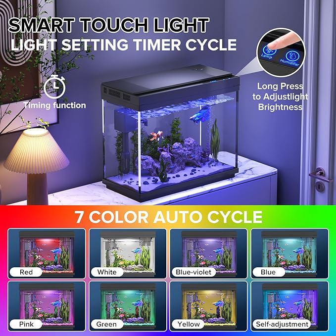 Vehipa Fish Tank, 2.4 Gallon Fish Aquarium, Fish Tank Starter kit with Smart Humidifier, Temperature Display, 7-Color Lighting, 3 in 1 Quiet Pump with Filteration & Oxygenation & Circulation