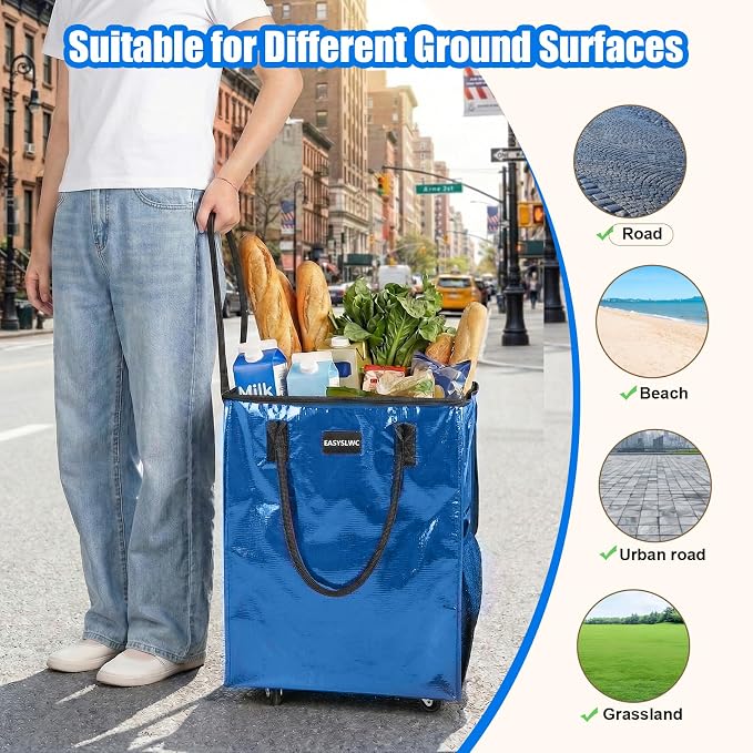 Reusable Hauler Rolling Tote Bag, Collapsible Portable Shopping Bag with Wheels for Groceries, Apartments Laundry, Organization,Heavy Duty Utility Tote Bag for Travel Moving, 75lbs, Blue