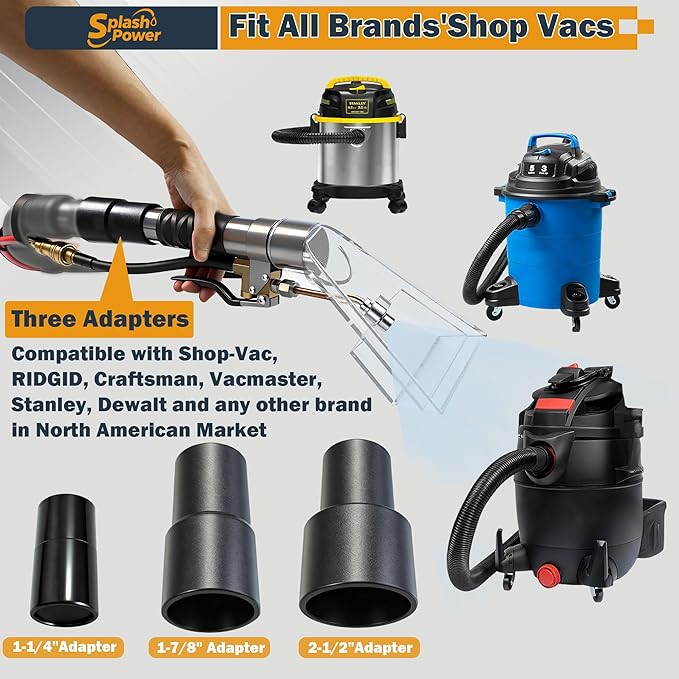 Universal Fit Any Existing Shop Vac Hose Extractor Kit Better Attachment Wet-dry Vacuums with 2-1/2" 1-7/8" 1-1/4" Adapter for Carpet Cleaning, Upholstery & Auto Detailing