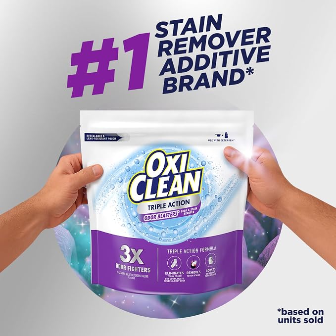 OxiClean Triple Action Odor and Stain Remover Powder, Use with Detergent, Eliminates Tough Odors and Removes Stains, Color Safe and Chlorine Free, 4 lbs (Pack of 2)