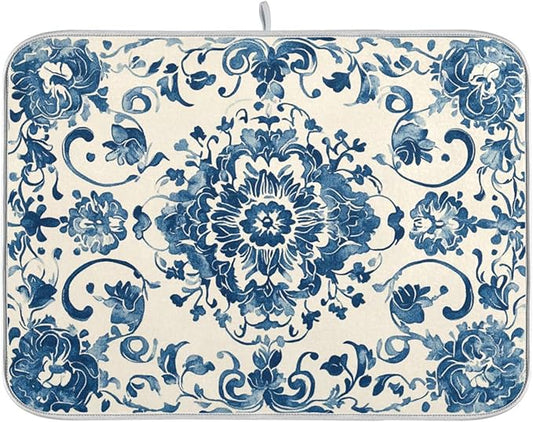 Dish Drying Mat Kitchen Mat Large Size 18 x 24 Blue White Floral Washable Dishes Drainer Mat for Countertop