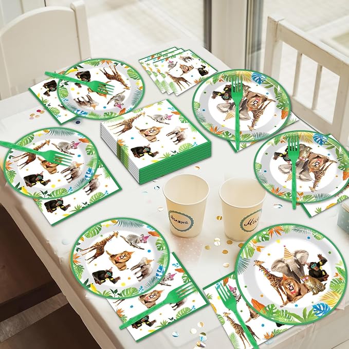 96Pcs Jungle Birthday Party Plates and Napkins Safari Animals Themed Party Decorations Jungle Theme Party Disposable Tableware Set for 24 Guests Wild Animals Gold Safari Zoo Birthday Favors Supplies