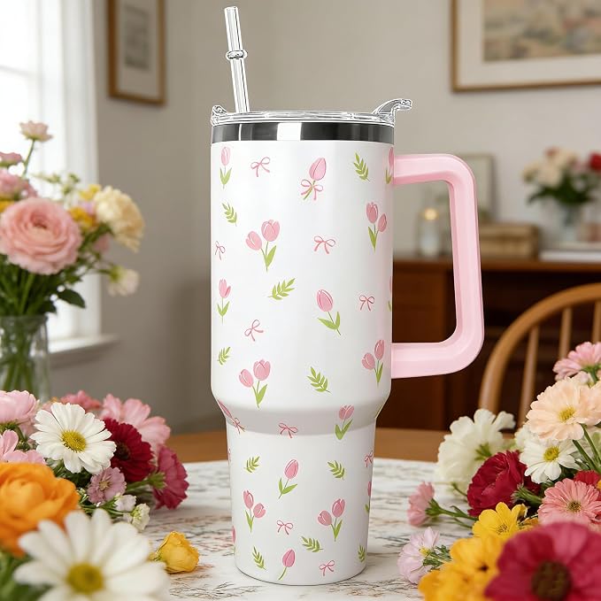 Ceovfoi 40 oz Tulip Bow Tumbler with Handle & Straw, Vacuum Insulated Stainless Steel Flip Top Water Bottle, Floral Tulip Bow Travel Mug, Spring Gifts for Women, Cute Tumbler for Car Cup Holder