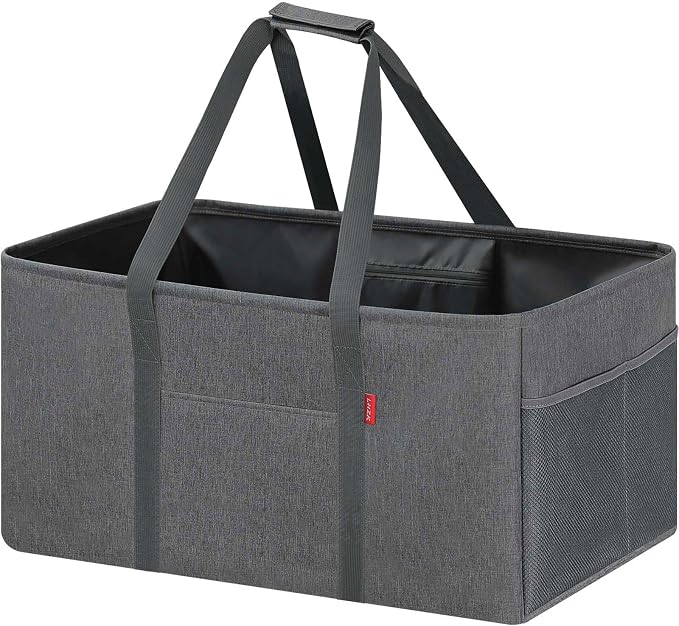 LHZK Standing Extra Large Utility Tote Bag with Metal Wire Frame and the Sides Rinforced, Extra Large Tote Bag with Handle, Reusable Grocery Bags Foldable, Beach Bag, Car Tote (Gray, 26''x15''x13'')