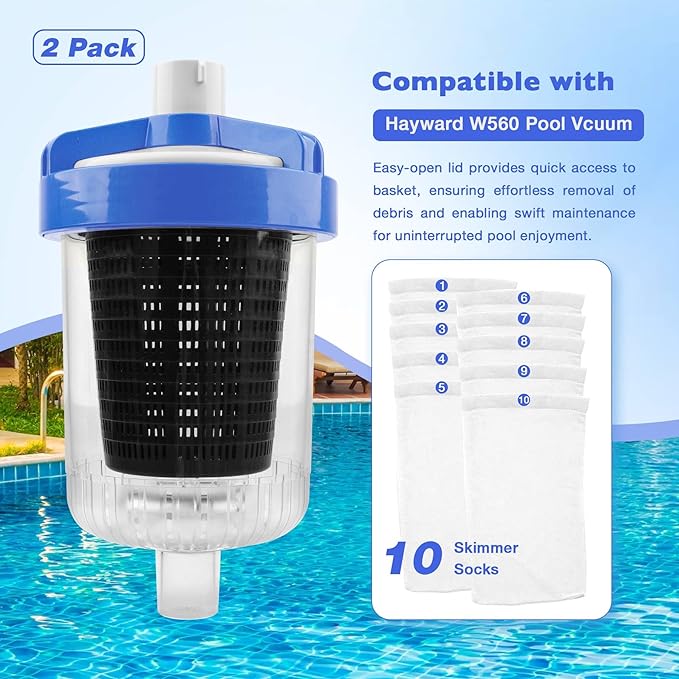 ATRACYPART Inline Pool Leaf Canister Compatible with Hayward W560 PoolVac Navigator Standard, Leaf Catcher Filter with Strainer Basket and Skimmer Socks （2 Pack）