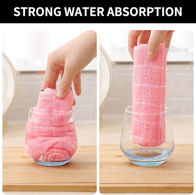 Homaxy Kitchen Towels and Dishcloths Set, 12 x 12 and 13 x 28 Inches, Set of 12 Bulk Cotton Terry Kitchen Towels Set, Checkered Designed, Soft and Super Absorbent Dish Towels, Pink