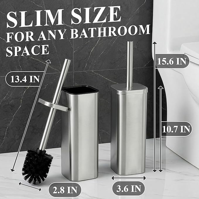 Toilet Brush with Square Holder - Toilet Brush and Holder Set Silver, Stainless Steel Handle with Splash Shield, Replaceable Head and Removable Inner Cup - Freestanding Bathroom Toilet Cleaning Set