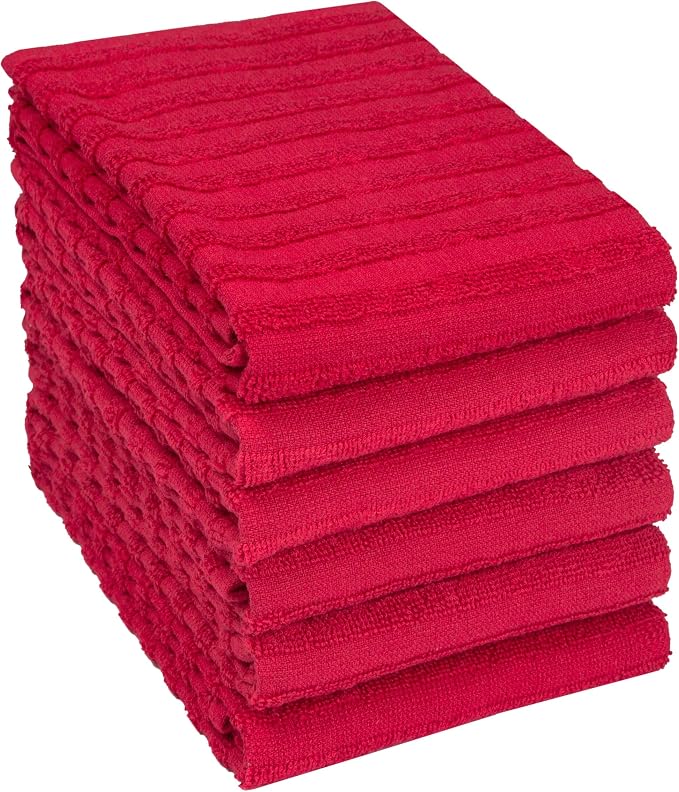 Premium Kitchen Towels (20”x 28”, 6 Pack) | Large Cotton Dish Towels 450 GSM | Highly Absorbent Terry Kitchen Linen Set with Hanging Loop | Red Solid