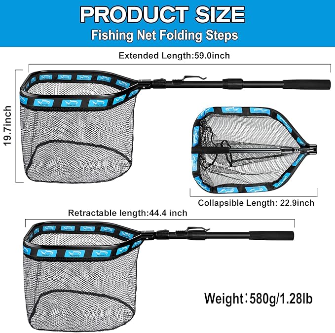 PLUSINNO Floating Fishing Net for Steelhead, Salmon, Fly, Kayak, Catfish, Bass, Trout Fishing, Rubber Coated Foldable Landing Net with Fixed or Telescoping Pole Handle, Fishing Gear and Gifts for Men
