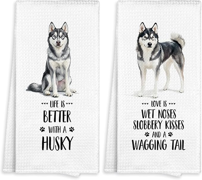 Husky Kitchen Towel Gifts for Dog Lovers Decorative Set of 2, Siberian Husky Dish Towels Dishcloths Tea Towels, Huskie Waffle Weave Microfiber Hand Towel for Kitchen Bathroom Decor 16x24