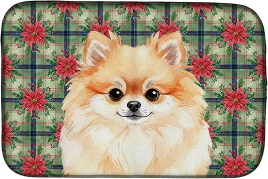 Caroline's Treasures Pomeranian Christmas PoinsettIas Dish Drying Mat Absorbent Dish Drying Mat Pad for Kitchen Counter Dish Drainer Mat for Countertop, 14 x 21", Multicolor