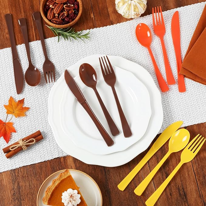 Minatee 180 Pcs Plastic Silverware Heavy Duty Cutlery Sets Disposable Utensils for Holiday Birthday Themed Party Supplies, 60 of Each Forks Knives Spoons(Brown,Orange,Yellow)