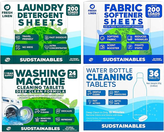 Sudstainables Washing Machine Cleaner, 100 Sheets Fresh Linen Laundry Detergent, Fabric Softener Sheets, and Water Bottle Cleaner tablets