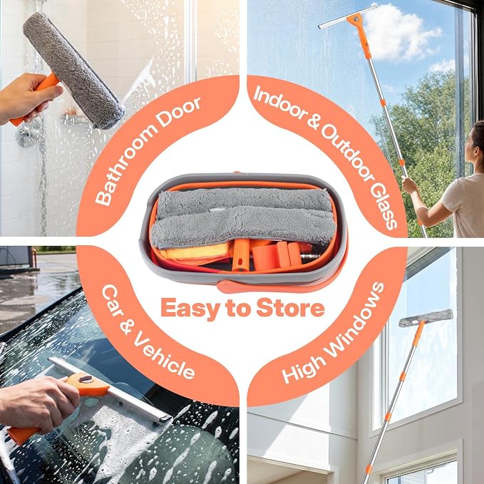 Window Cleaning Kit with Collapsible Bucket 3 Gallon, 14" Window Squeegee and 15" Scrubber with 61" Long Handle, Professional Window Washing Kit Cleaner Tool for Home Outdoor Office Commercial Use