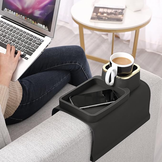 HMASYO Couch Cup Holder Tray - Silicone Sofa Armrest Table Couch Drink Holder and Tray Organizer for Remote Snacks Cellphone, Anti-Spill Anti-Slip Design, Gifts for Family Mom Dad Grandma