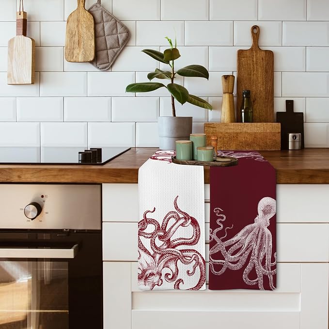 Coastal Red Octopus Beach Decor Dish Hand Tea Towels for Bathroom Kitchen, Octopus Ocean Nautical Beachy Bathroom Decor, Coastal Nautical Kitchen Towels and Dishcloths Sets of 2, 16x24 Inches