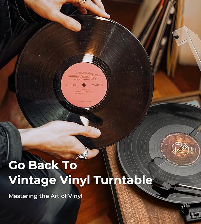 Vangoa Vinyl Record Player with External Speakers, 3 Speed Belt-Drive Turntable for Vinyl Records, Portable Bluetooth LP Players, Walnut Wood Vintage Record Player for 33/45/78 RPM, Auto Stop