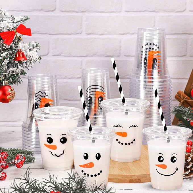 FYSUIMU 100Pcs 12Oz Snowman Plastic Cups with Lids and Straws Christmas Winter Disposable Cup Cute Snowman Face Cold Beverage Drinking Cups for Winter Xmas Party Supplies