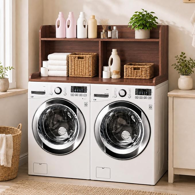 Royxen Laundry Countertop with 20" Shelf Universal Fit, Washer and Dryer Countertop with Storage Space, Laundry Room Storage (Walnut)