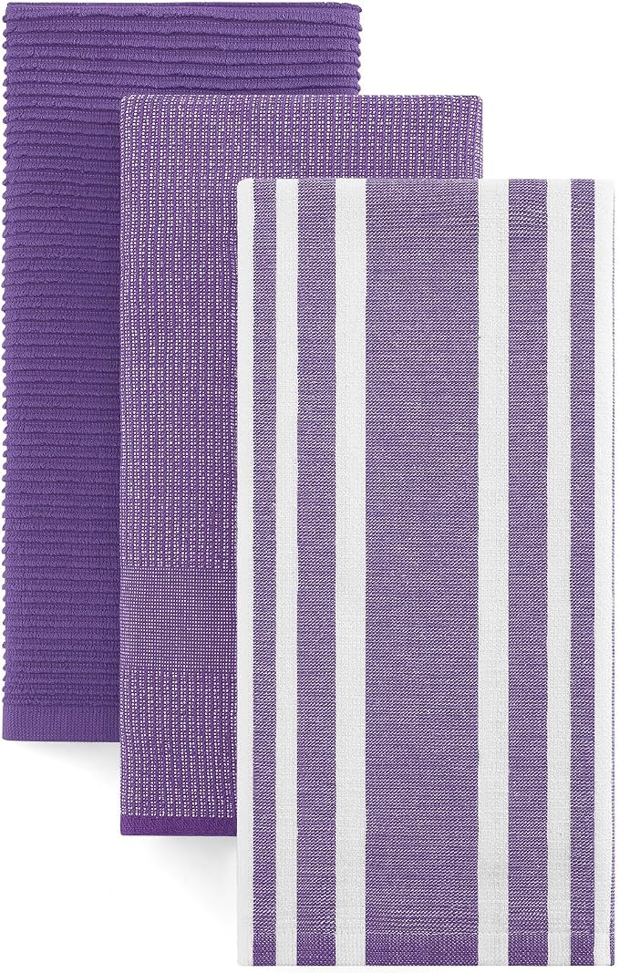 Homaxy Premium Kitchen Towels(18”x 28”, 3 Pack), Large Cotton 380 GSM Kitchen Hand Towels, Soft and Absorbent Terry Dish Towels, Multipurpose Tea Towel Set with Hanging Loop, Purple