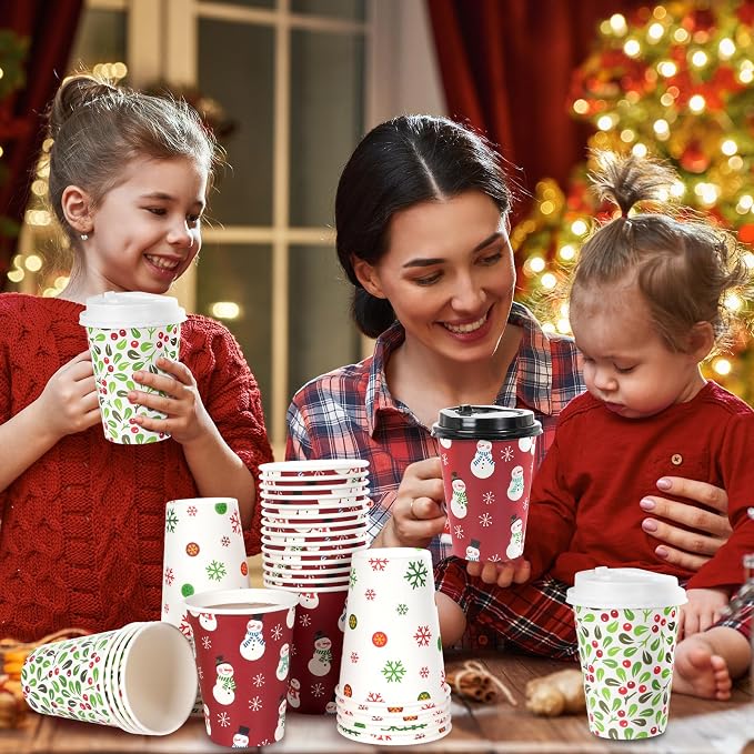 Hallswl 100 Pieces 12 oz Christmas Paper Cups with Lids, Disposable Coffee Cups for Cold Beverage Hot Drinking,Snowflake Tree Stripes Holly Berry Snowman Pattern Cup for Christmas Decorations
