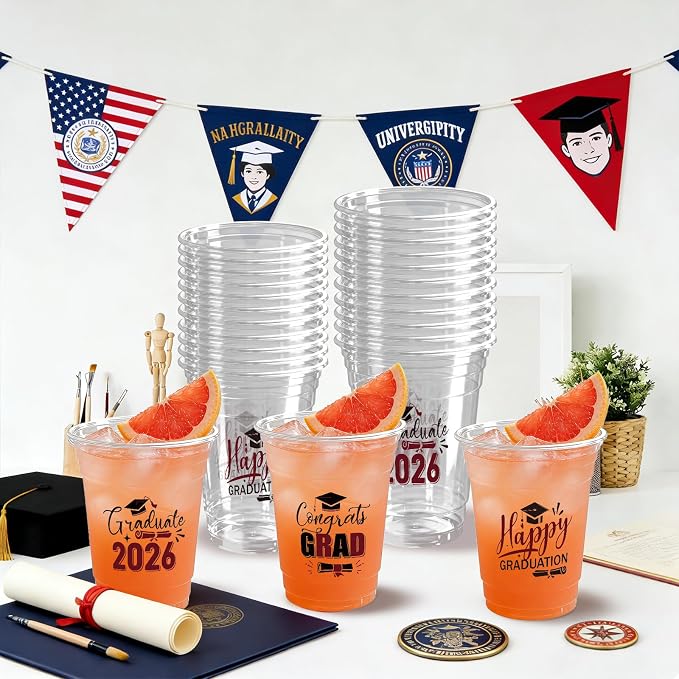 100 Pack Graduation Plastic Cups 12 oz Red Disposable Class of 2026 Decorations Graduation Party Favor Drinking Beverage Cup for Party Supplies Decorations