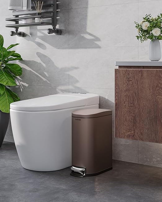 Slim Stainless Steel Bathroom Trash Can 2.6 Gallon/10L – Step Pedal, Lid, Soft-Close, Removable Inner Bucket, Odor Control, Rear Handle, Waterproof, for Compact Spaces, Bedroom, Office – Brown