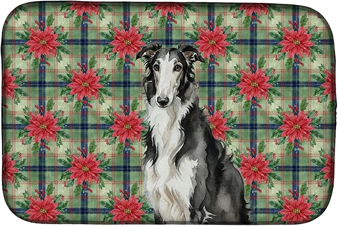 Caroline's Treasures Black and White Borzoi Christmas PoinsettIas Dish Drying Mat Absorbent Dish Drying Mat Pad for Kitchen Counter Dish Drainer Mat for Countertop, 14 x 21", Multicolor