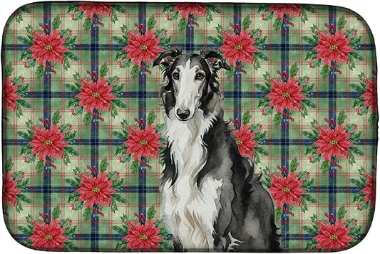 Caroline's Treasures Black and White Borzoi Christmas PoinsettIas Dish Drying Mat Absorbent Dish Drying Mat Pad for Kitchen Counter Dish Drainer Mat for Countertop, 14 x 21", Multicolor