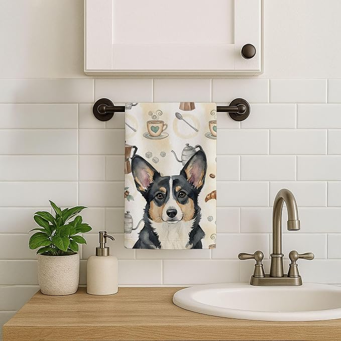 Caroline's Treasures Black and White Cardigan Welsh Corgi Coffee Bar Kitchen Towel Velour Plush Front and Cotton Loop Back Machine Washable