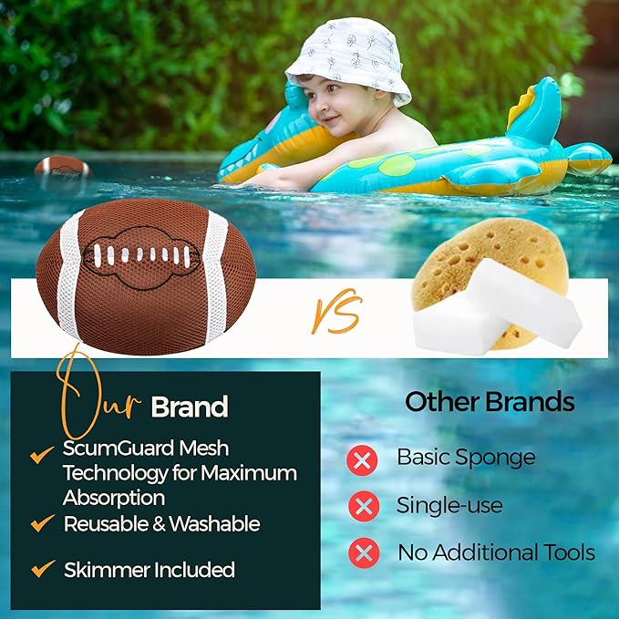 Football Hot Tub Scum Absorber 2 Pack with Pool Net Skimmer – Floating Spa Hot Tub Scum Sponge for Oils & Surface Debris, Reusable Scum Sponge for Hot Tub, Complete Hot Tub Accessories Set